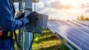 A close up of an electrical engineer testing renewable energy inverters in a solar farm, with photovoltaic panels and solar array infrastructure visible, Solar farm inverter testing scene